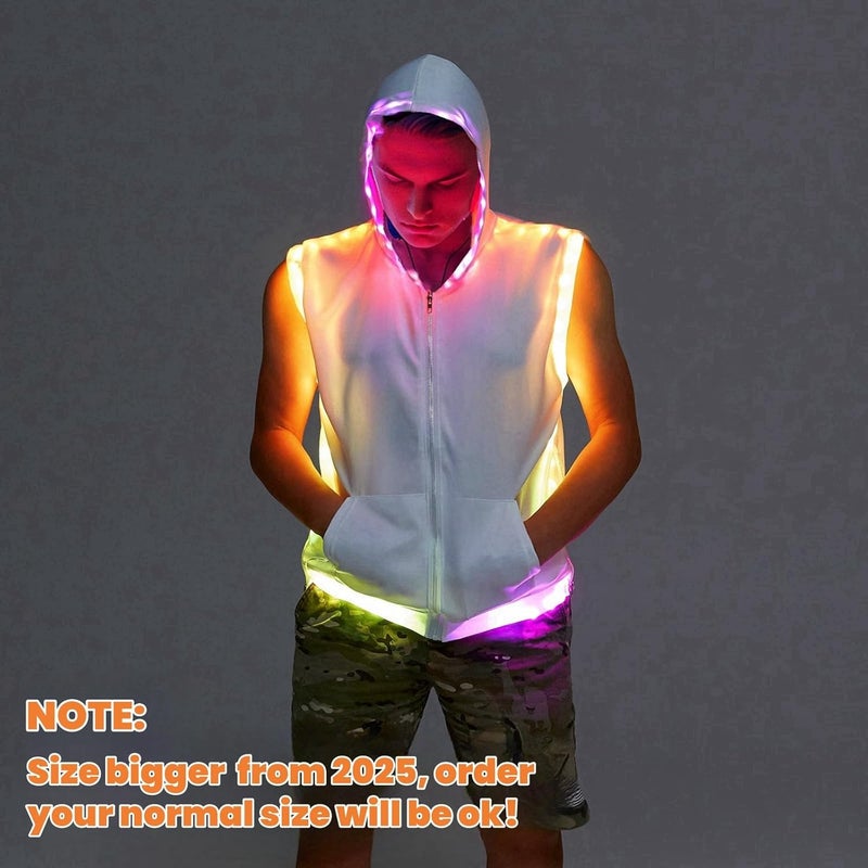 LEDPATY Men White Hooded Tank LED Light Up Sync Burning Man Rave Tops Night Club Show for Halloween Dance Party - Image 2